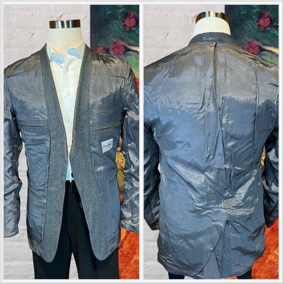 Vintage Fratelli Uomo 40-42L Gray Muted Cobalt Blue Stripe Blazer Flannel Finish - Picture 7 of 15